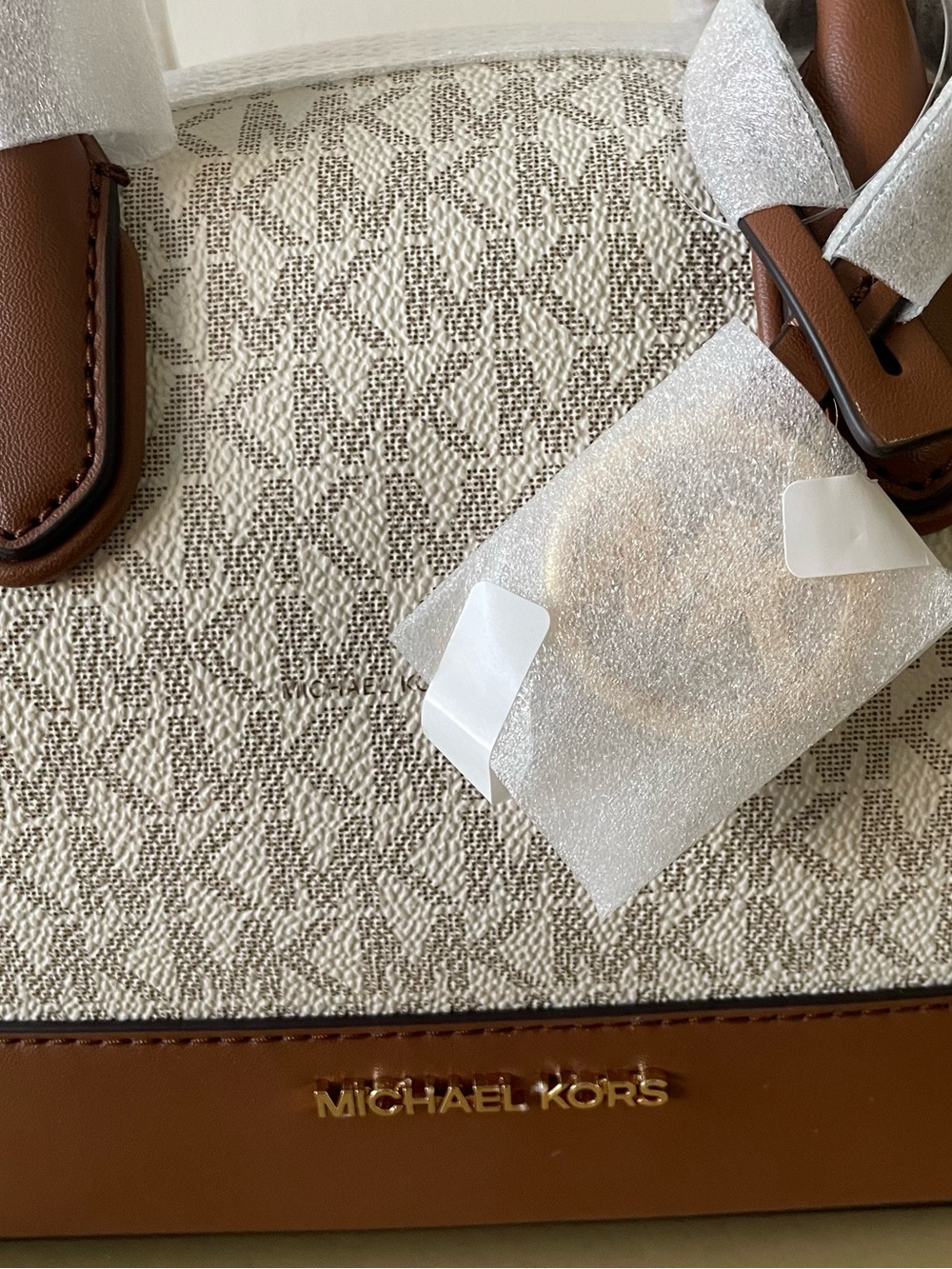 Michael Kors Vanilla Logo Satchel with Brown Trim